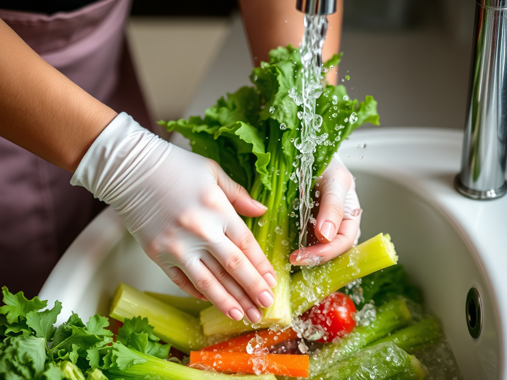 a person meticulously washing vegetables under running water, emphasizing hygiene and food safety