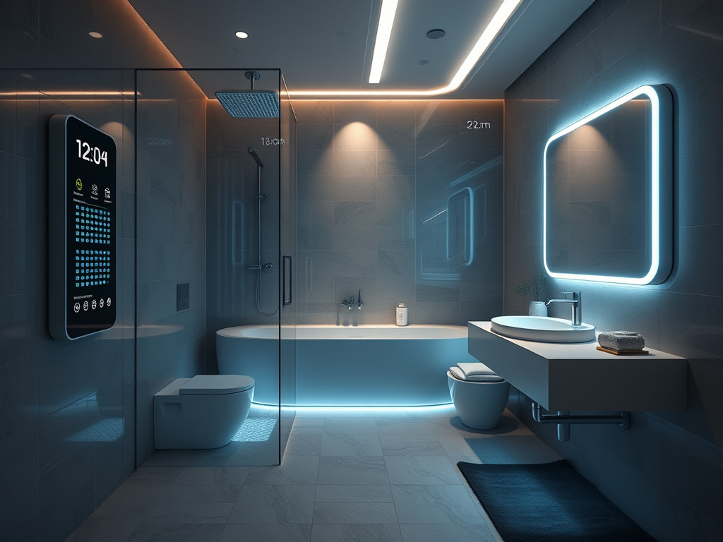 a futuristic bathroom showcasing smart technology – a digital shower control panel, anti-slip flooring with subtle lighting, and a smart mirror displaying temperature readings.