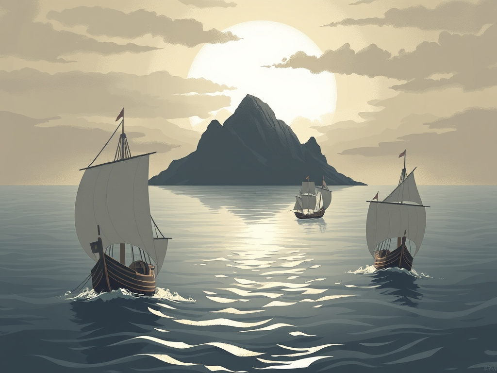 abstract illustration of ancient ships sailing towards an island, muted color palette, corporate design
