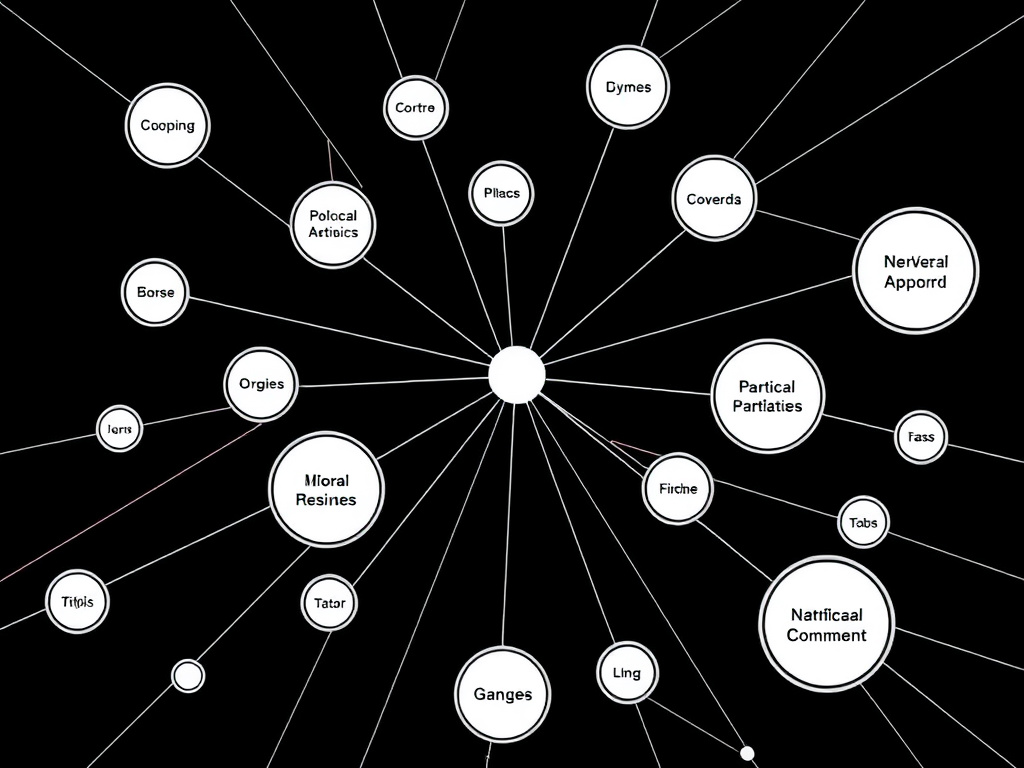 A network of interconnected lines representing different genres branching out from a central point, corporate style