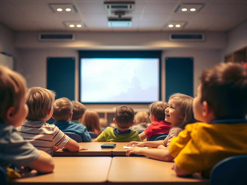 A group of children watching a movie in a classroom, looking engaged and excited, corporate visual style