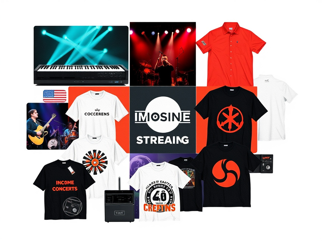 a collage showcasing different income streams for musicians – streaming, concerts, merchandise, licensing, NFTs – corporate design