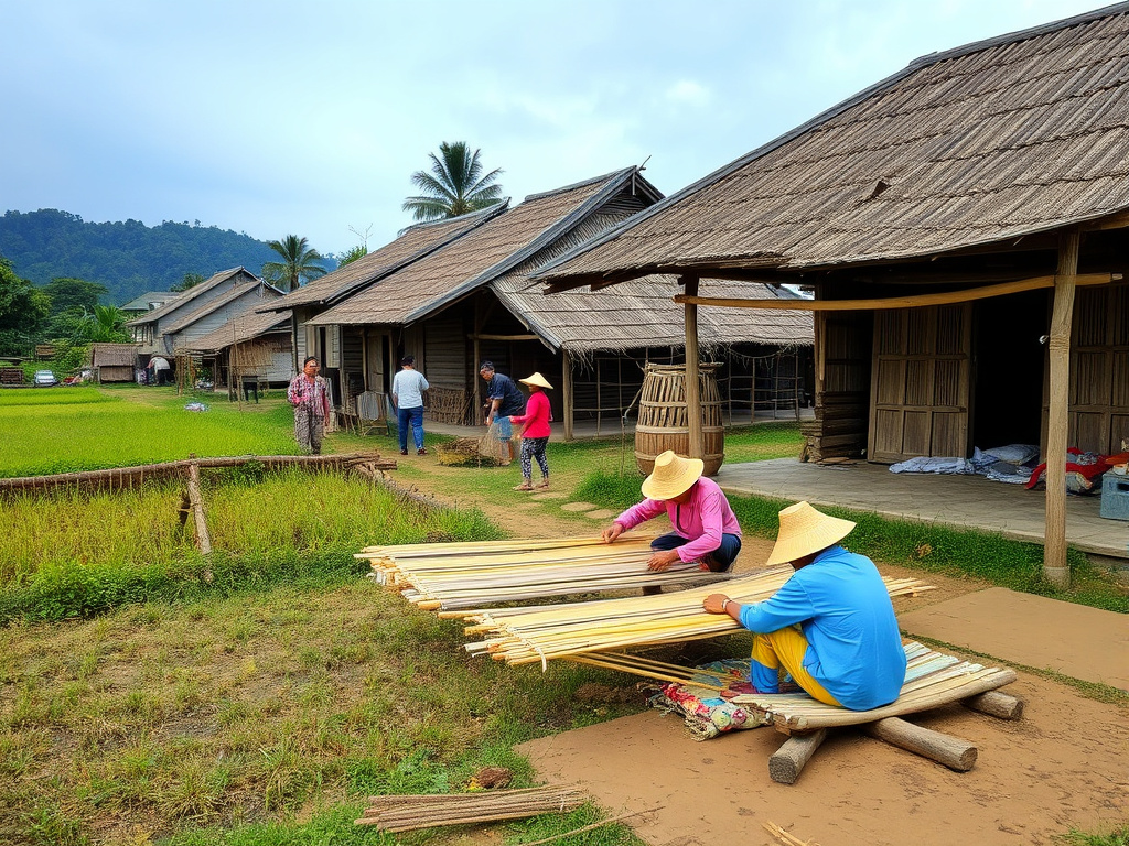 a traditional Acehnese village scene, with people engaged in daily activities like farming and weaving