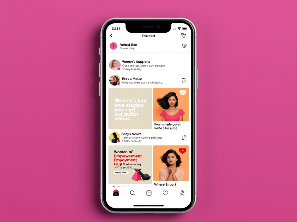 a mobile phone displaying social media posts advocating for women's empowerment, modern design, corporate style
