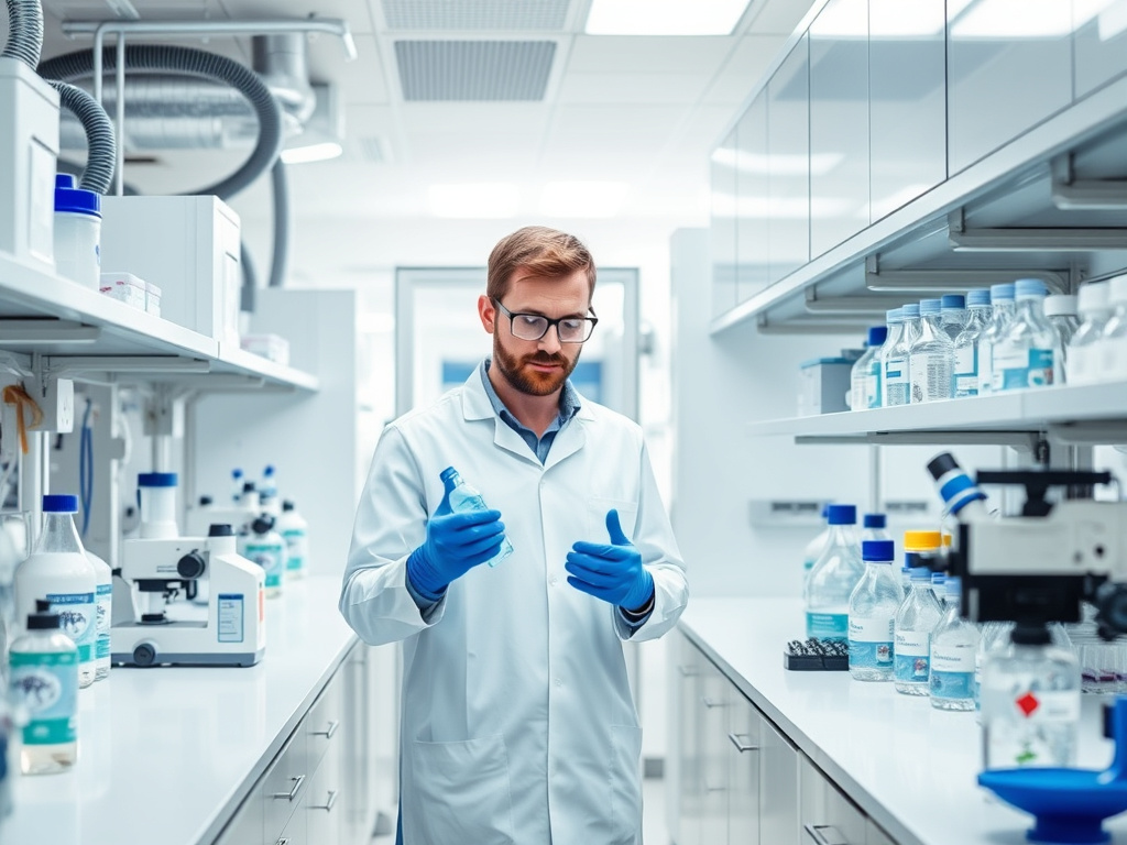 a scientist working in a state-of-the-art biotechnology laboratory with advanced equipment and a clean, modern design