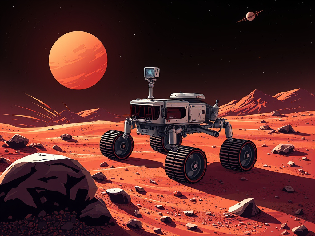 illustration of a robotic rover exploring the surface of Mars, corporate design