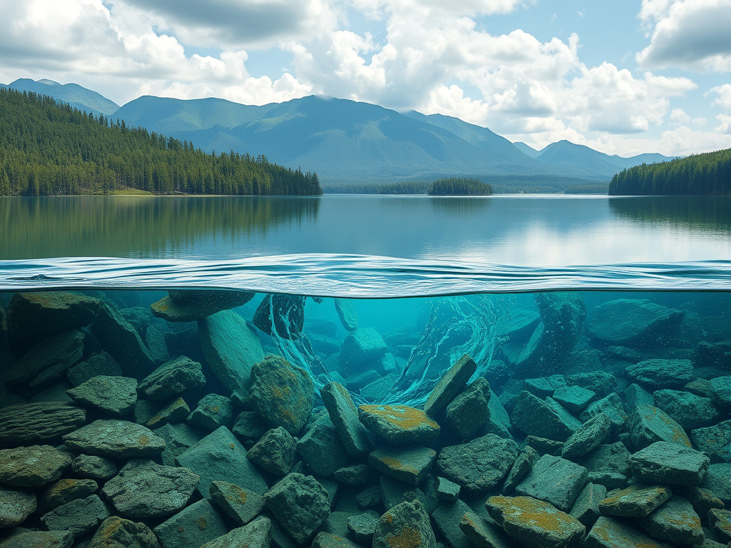 a visualization of polluted water flowing into a pristine lake, representing environmental challenges, corporate design