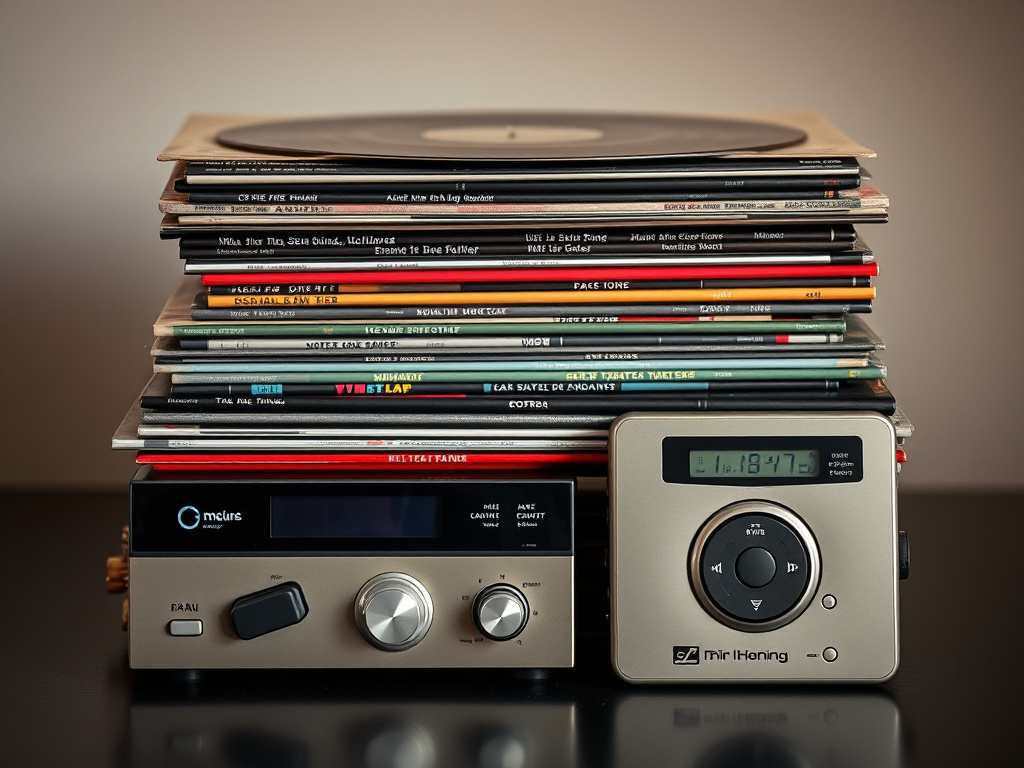 a stack of vinyl records and digital music players representing the evolution of music consumption