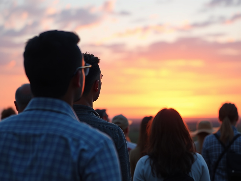 A diverse group of people gazing at a distant, glowing horizon, suggesting a hopeful future, corporate design, inspirational