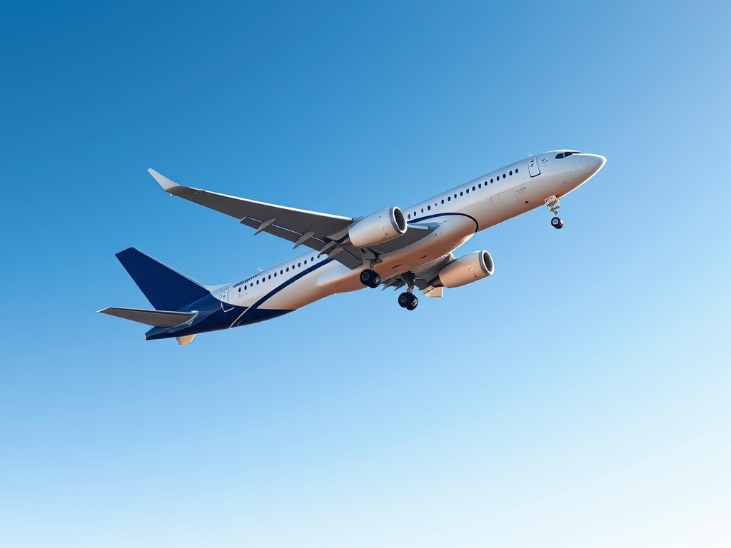 a sleek commercial airplane taking off against a clear blue sky, corporate design