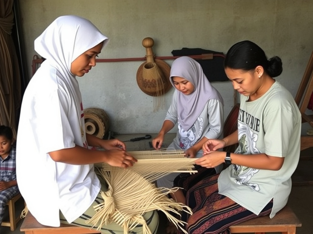 a workshop where Acehnese artisans are teaching young people traditional weaving techniques