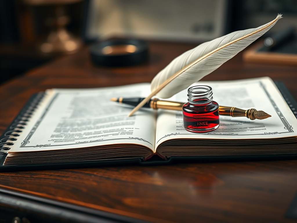 A close-up of an antique writing desk with a quill pen and inkwell, symbolizing communication and intellect, corporate design