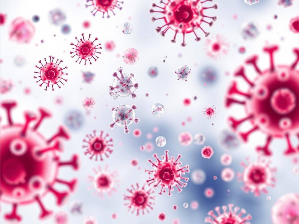 a microscopic view of bacteria and viruses, presented in a sterile, scientific illustration style