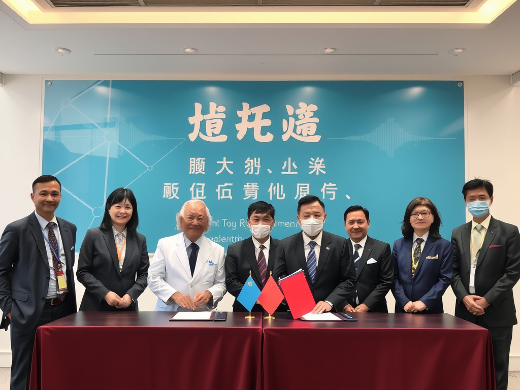 government officials and industry leaders signing an agreement to promote biomedical technology development, corporate design