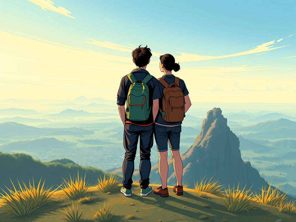 Two young adults standing on a hilltop, looking towards a vast landscape, symbolizing a new journey, corporate illustration style