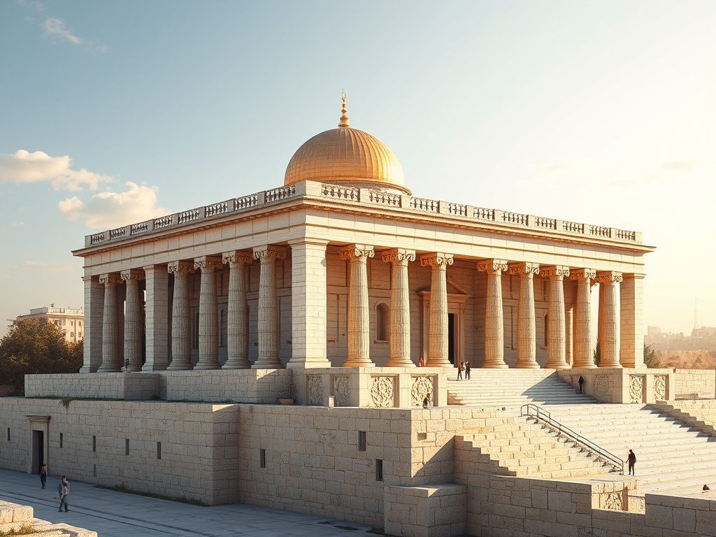 Reconstruction of the First Temple in Jerusalem, depicted as a grand architectural structure with a focus on scale and detail, using a corporate design aesthetic