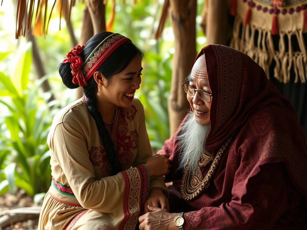 A scene from 'Jejak Petualangan Sherina' showing Sherina interacting respectfully with a Dayak elder, emphasizing cultural exchange and understanding, corporate design