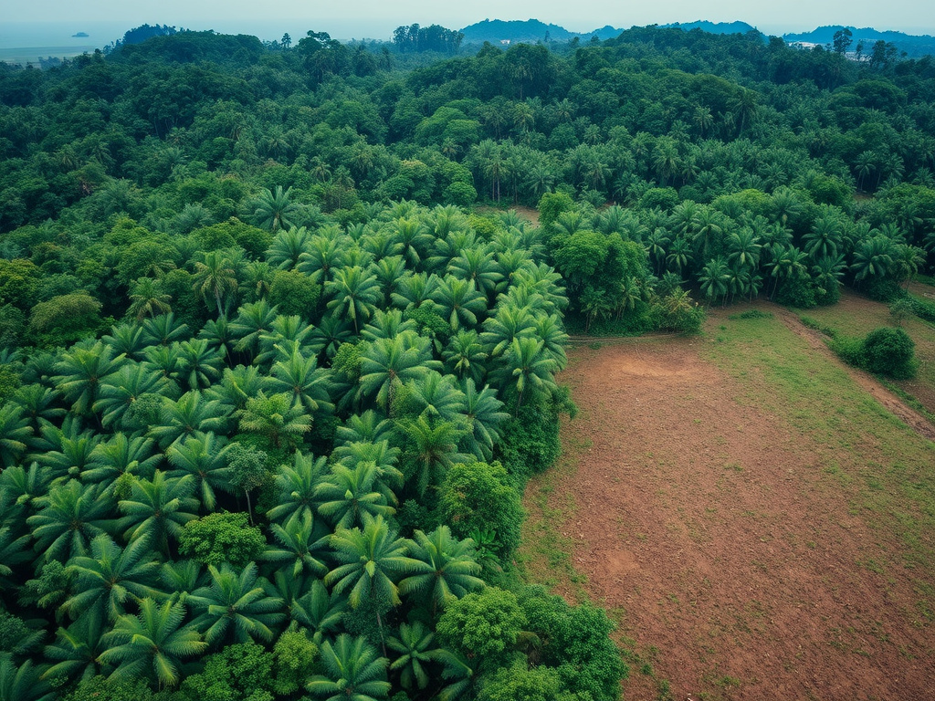 A stark contrast between a lush Dayak forest and a newly cleared area for palm oil plantation, representing the environmental challenges faced by the community.
