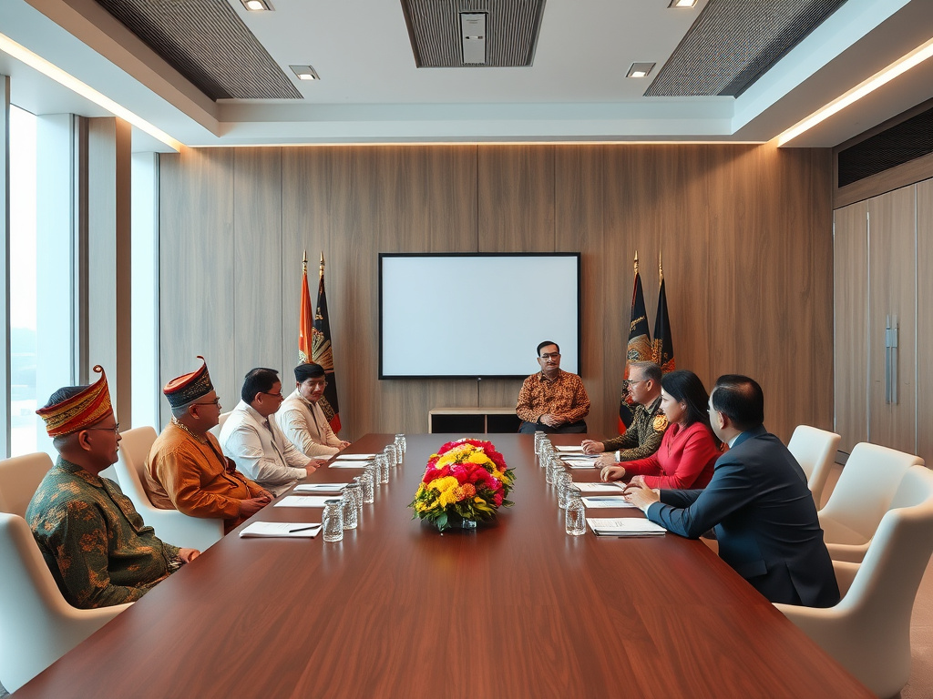 A meeting between Dayak traditional leaders and government officials in a modern conference room, symbolizing the integration of traditional governance with modern systems, corporate design