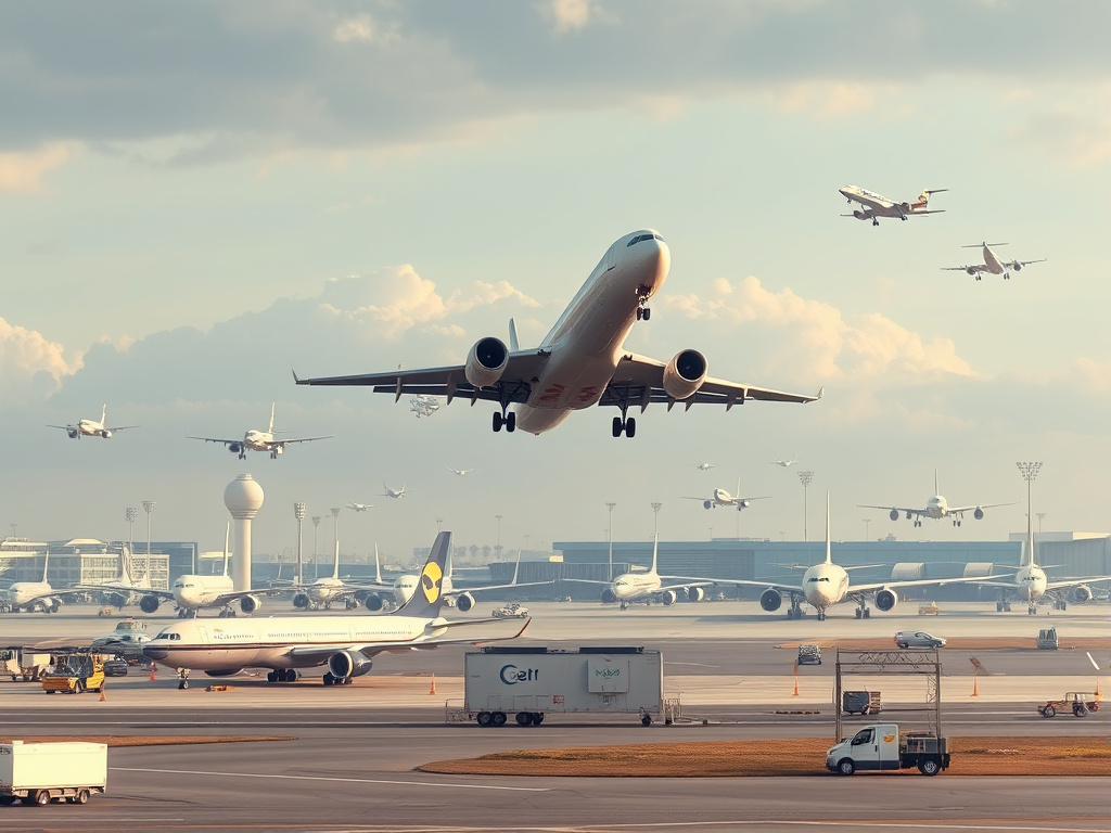 a bustling airport scene with planes taking off and landing, representing the economic activity of the aviation industry, wide angle, corporate design