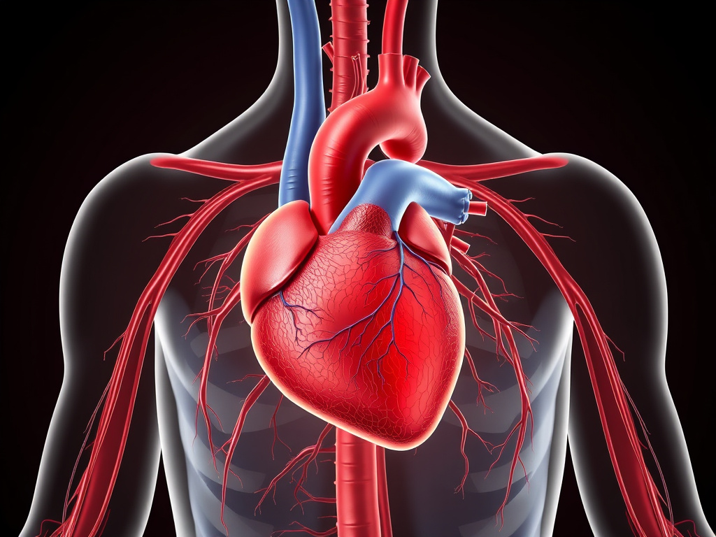 a medical illustration depicting the cardiovascular system, highlighting the heart and blood vessels