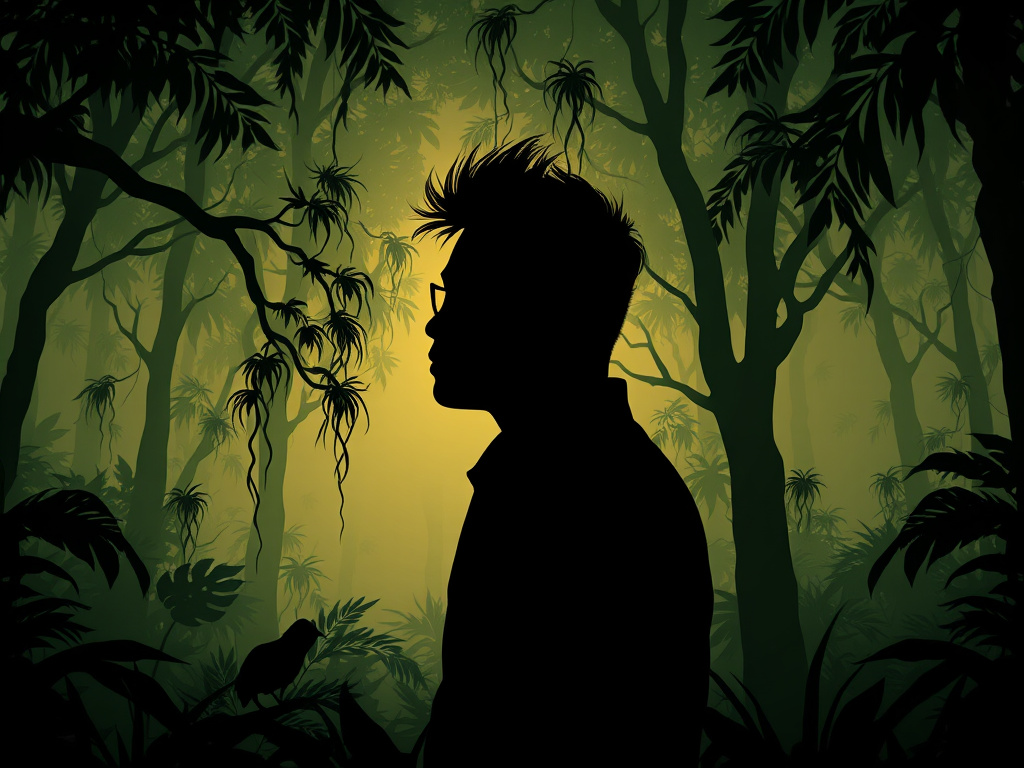 a silhouette of Wiro Sableng gazing into a dense Indonesian jungle, with faint outlines of animal figures around him, corporate design