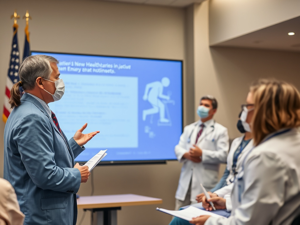 a government official presenting a new healthcare initiative with medical professionals and researchers in attendance