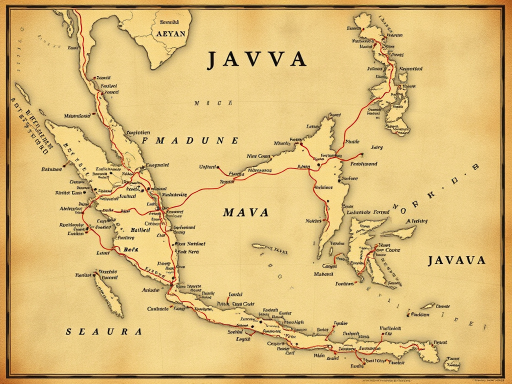 ancient map of Java and Madura islands, highlighting trade routes and settlements, desaturated colors, corporate design