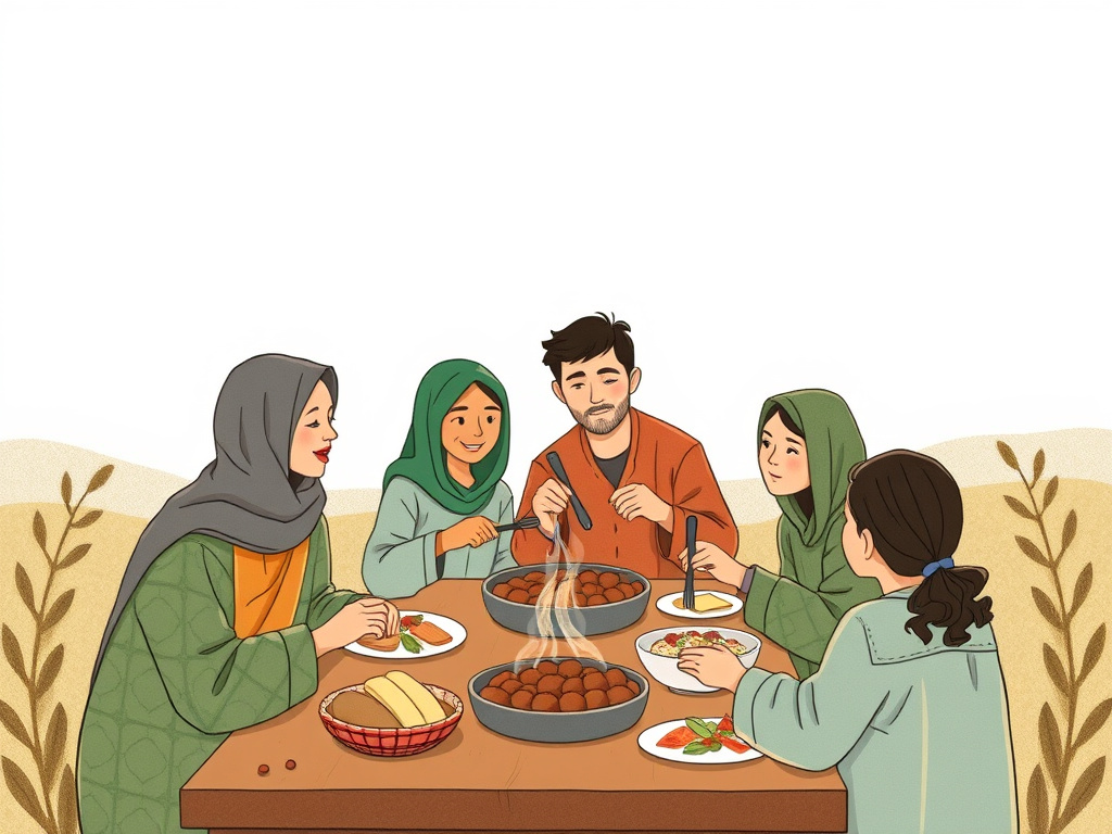 a serene illustration depicting people sharing a meal together, symbolizing community and generosity