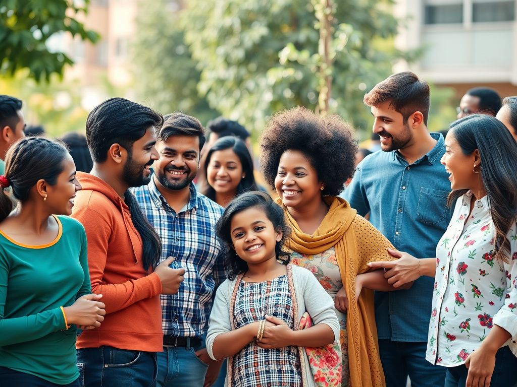 A vibrant community scene with people of different ages and backgrounds interacting positively, showcasing diversity and inclusivity. Corporate design, highlighting social harmony and progress.