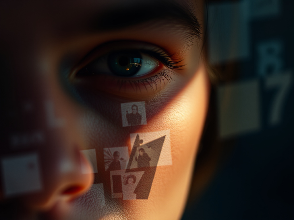 a close-up of a person's face, reflecting fragmented images of different time periods