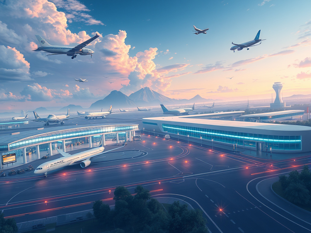 a conceptual illustration of a futuristic airport with various types of advanced aircraft, corporate design
