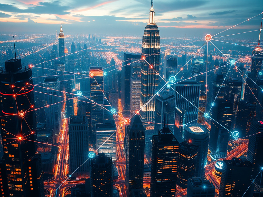 a futuristic cityscape with interconnected networks of light representing artificial intelligence