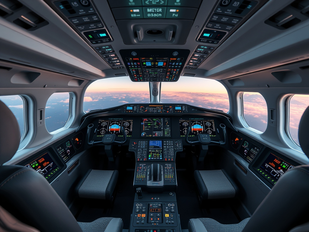 a modern airplane cockpit filled with digital displays and advanced avionics, futuristic and high-tech, corporate design