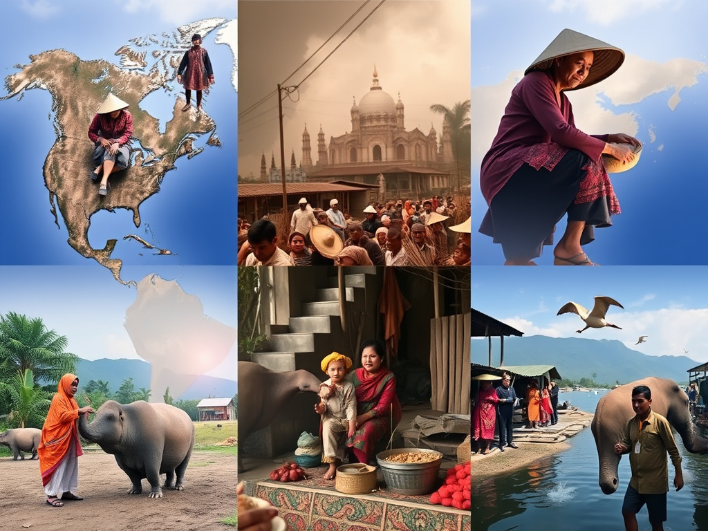 a montage of images depicting Malay communities around the world, showcasing their cultural practices and traditions in different settings