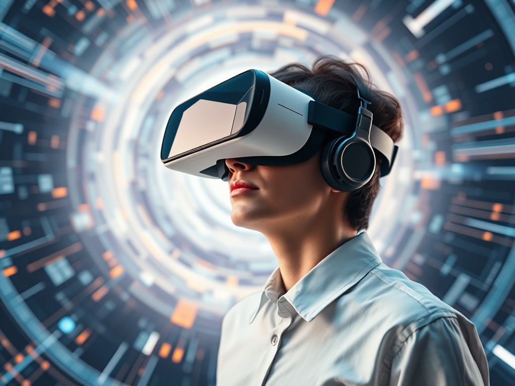 A person wearing a VR headset, immersed in a swirling, futuristic simulation representing time travel, corporate design, technology-focused