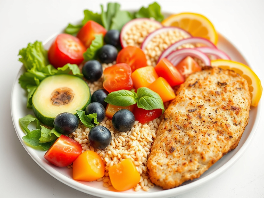 a colorful plate filled with fruits, vegetables, whole grains, and lean protein, bright and inviting