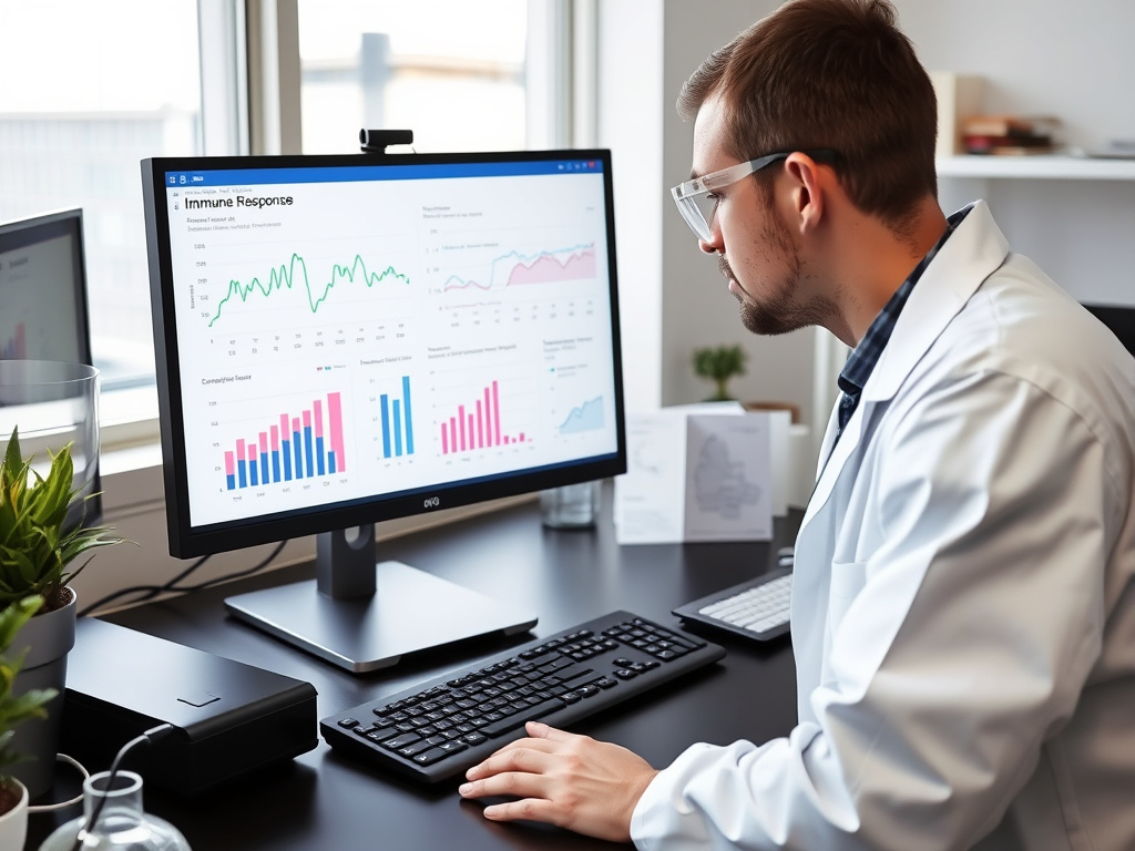 a scientist analyzing data on a computer screen with graphs and charts related to immune response, corporate design