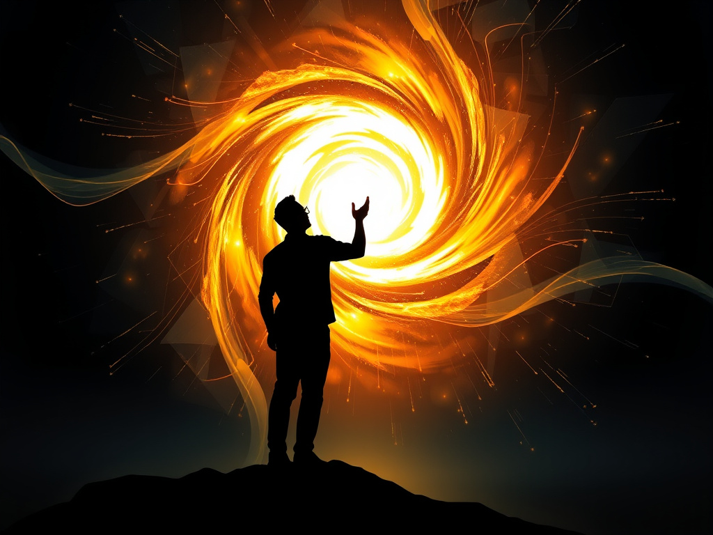 A silhouette of a person reaching towards a swirling vortex of light, representing the journey through time, corporate style