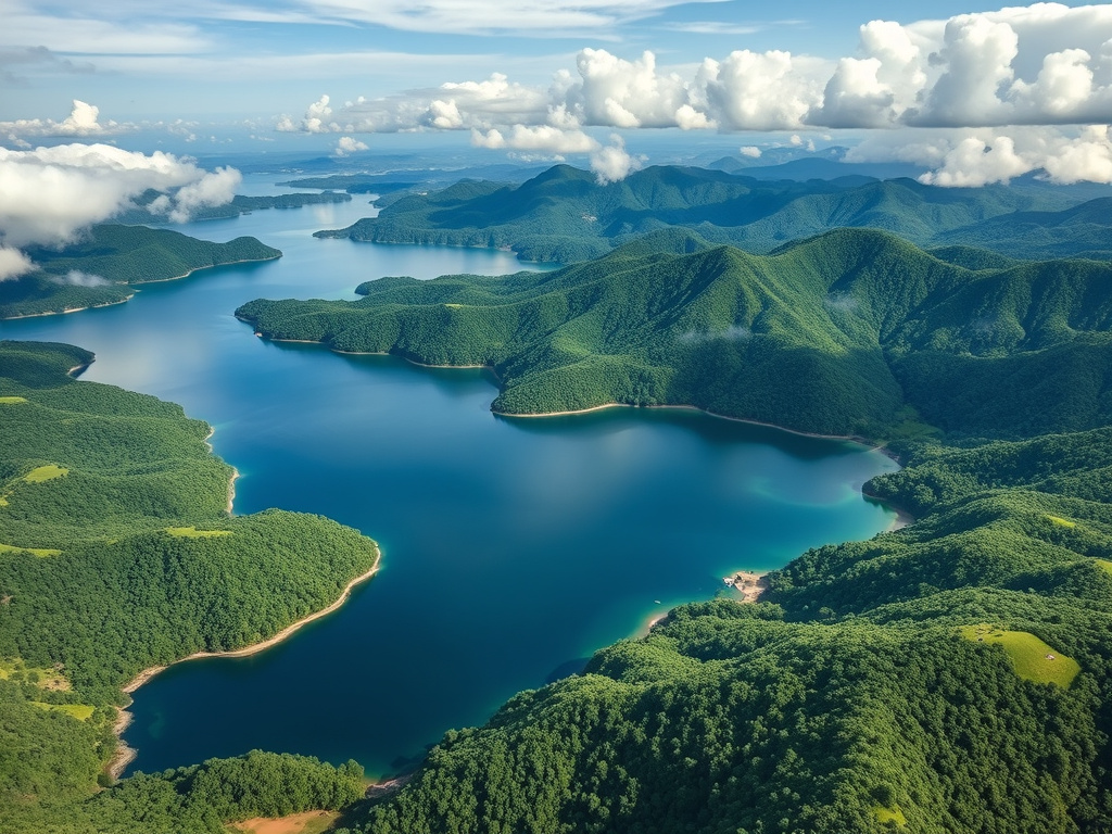Aerial view of Lake Toba with lush green hills surrounding it, corporate design
