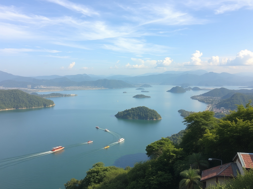 Panoramic view of Lake Toba with tourists enjoying water activities and the landscape, corporate design