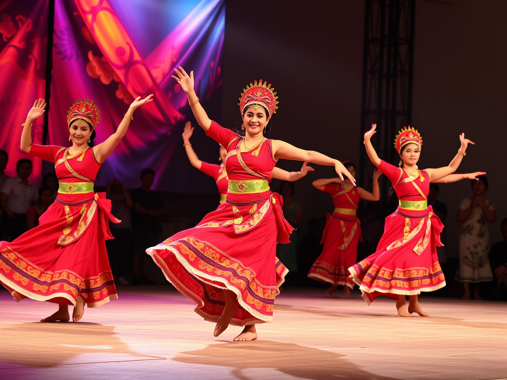 a dynamic performance of the Saman dance, with dancers in vibrant traditional costumes