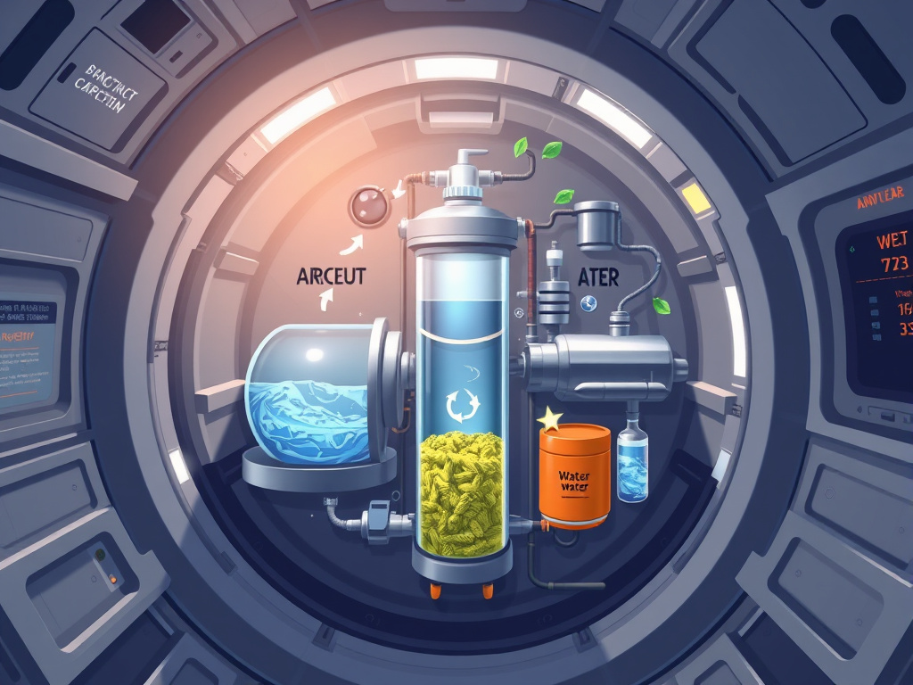 illustration of a closed-loop life support system in a spacecraft, showing recycling of air, water, and waste, corporate design