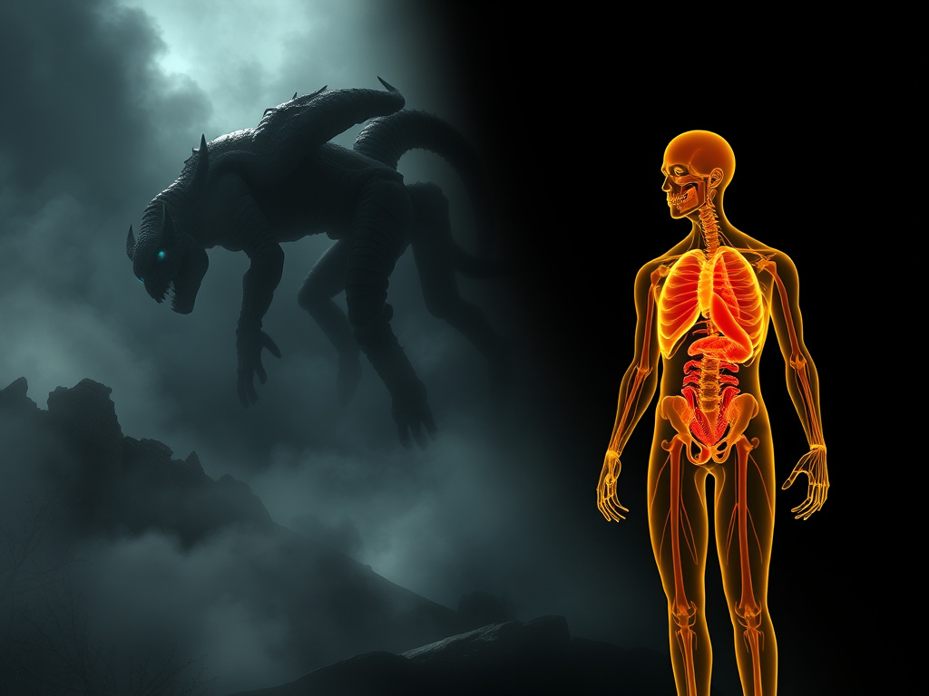a split-screen image – one side depicting a shadowy, mythical scene, and the other side showing a scientific illustration of the human body