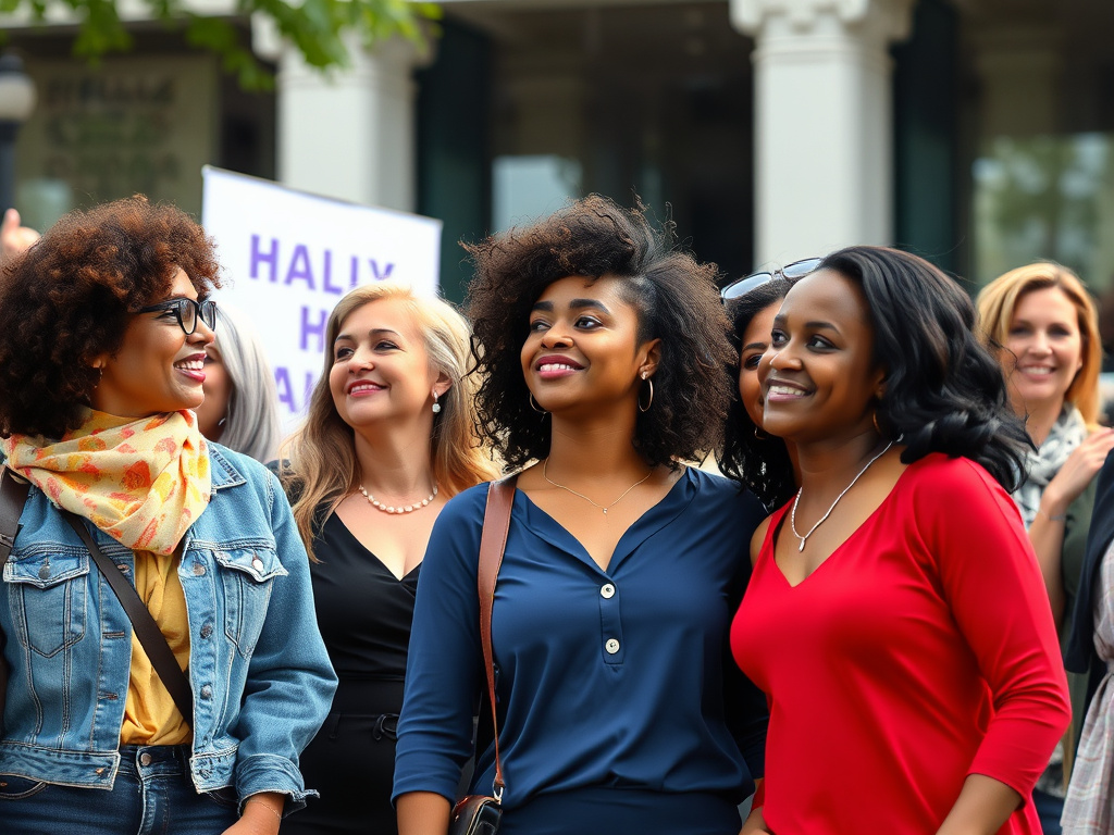 A diverse group of women participating in a public event, symbolizing unity and empowerment, corporate design