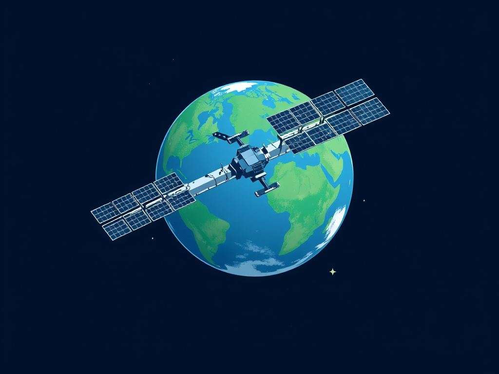 illustration of the International Space Station orbiting Earth, solar panels extended, corporate design