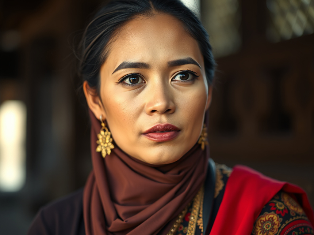portrait of a young noble Javanese woman in traditional attire, thoughtful expression, soft lighting, corporate style