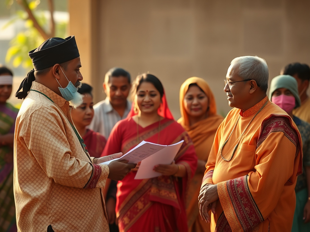group of people in traditional Madurese clothing discussing matters, warm lighting, corporate design