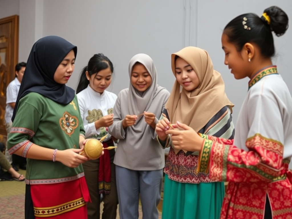 a group of young people learning traditional Malay dance or craft, showcasing a commitment to preserving cultural heritage