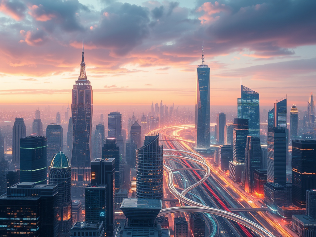 a futuristic cityscape with integrated technology and glowing lines, representing progress